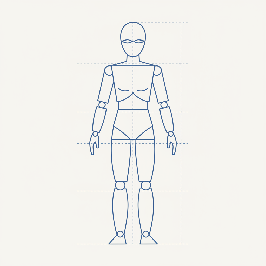 인체의 기본 뼈대와 도형화를 설명하는 깔끔한 디지털 일러스트