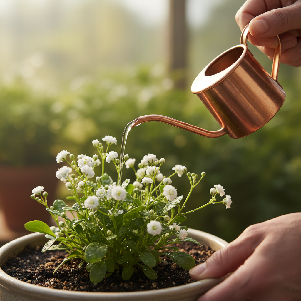 정성스럽게 안개꽃에 물을 주는 손길