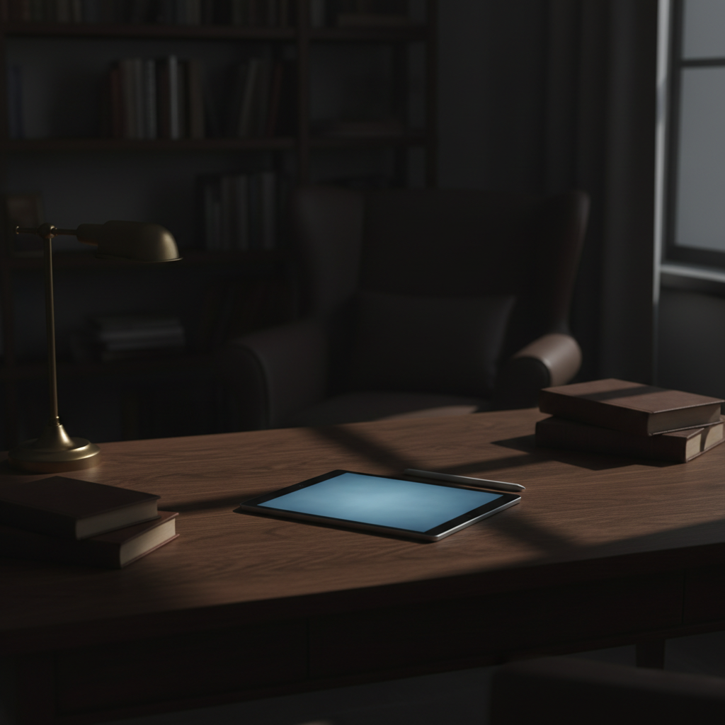 조용한 서재 책상 위에 놓인 태블릿과 그 위로 드리운 그림자