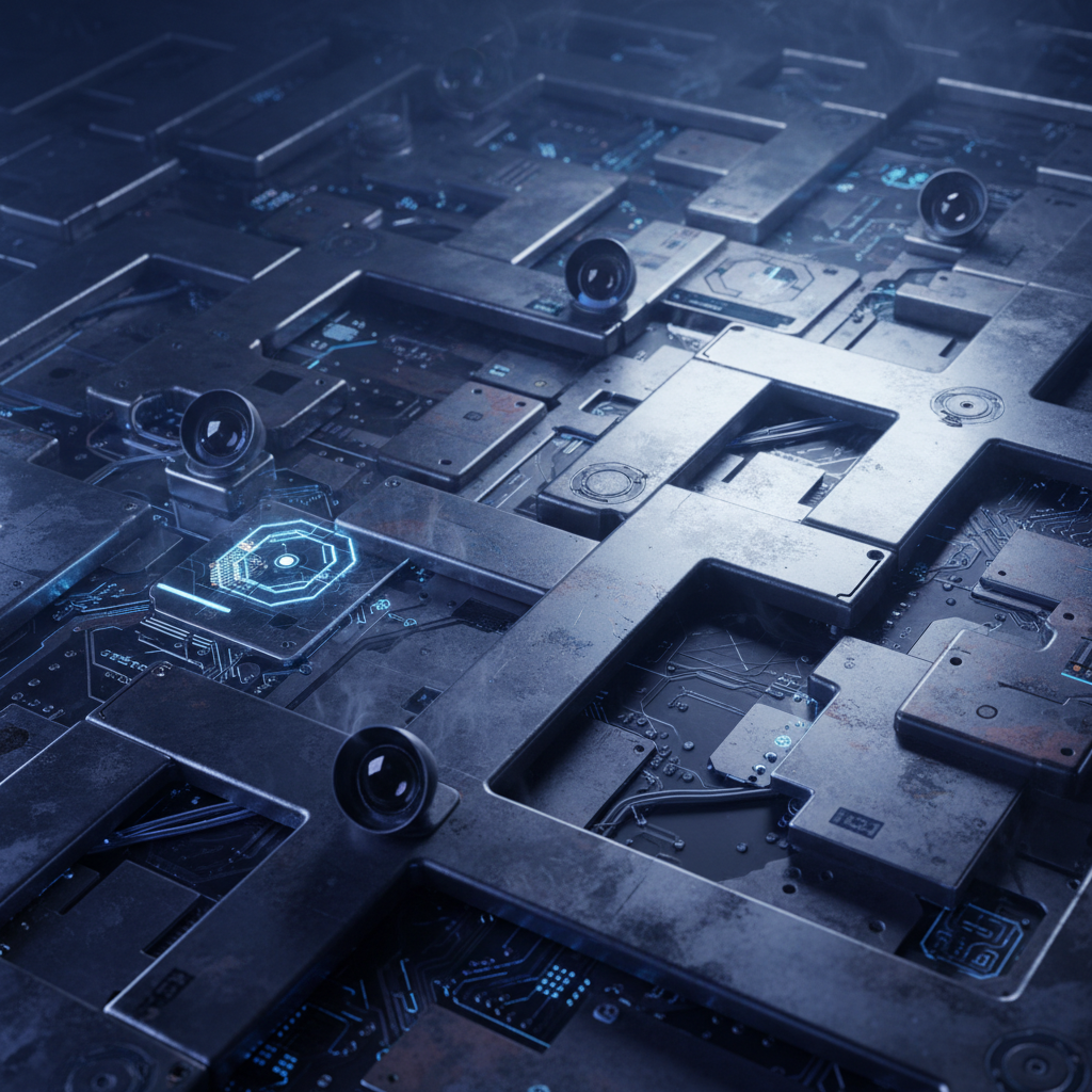 차가운 금속성 텍스처와 디지털 감시