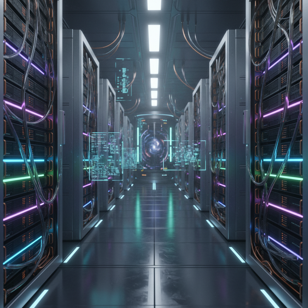 차갑고 정교한 금속 재질의 인공지능 서버룸