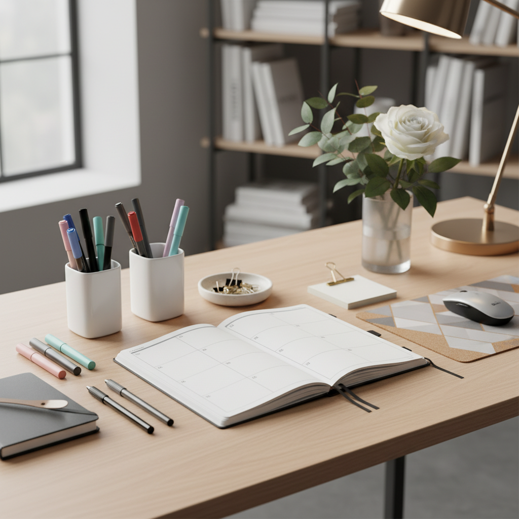차분하게 정리된 플래너와 공부 공간