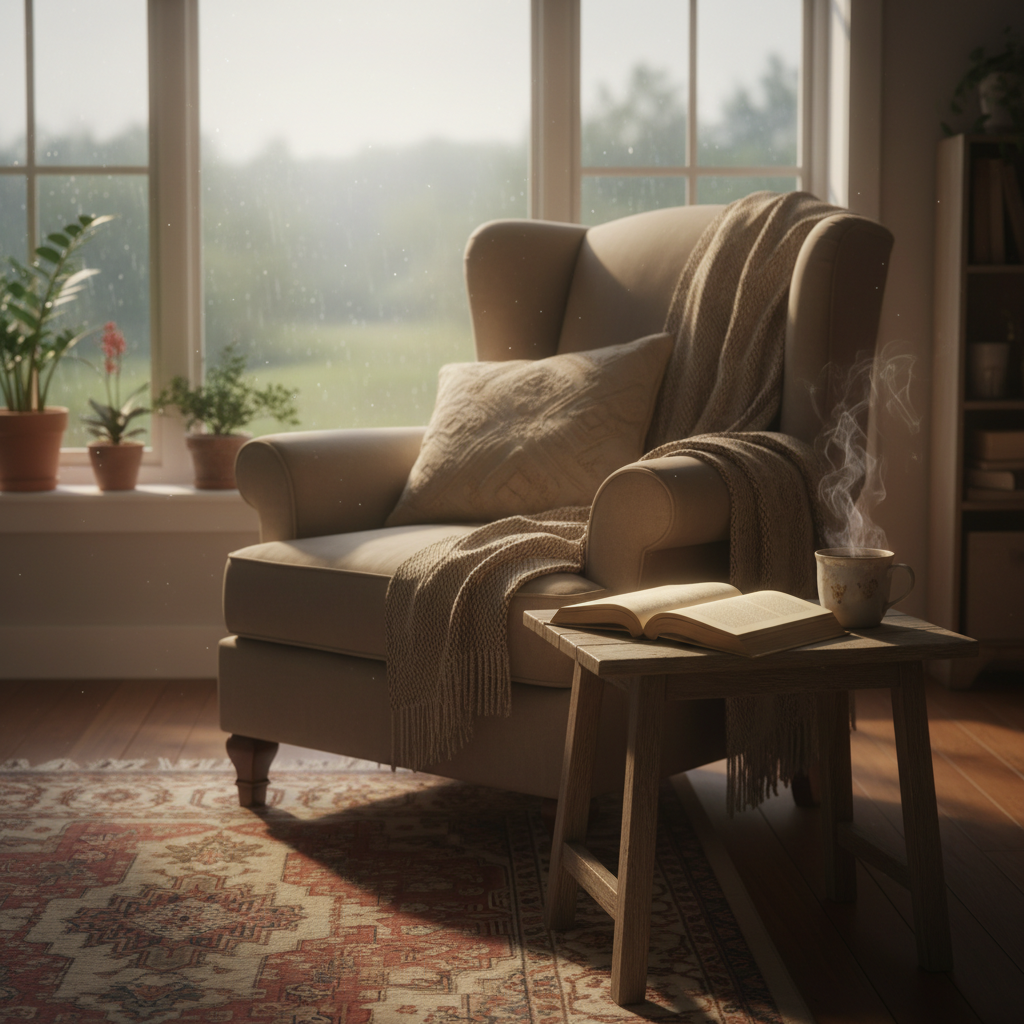 창가에 놓인 감성적인 책과 따뜻한 차 한 잔