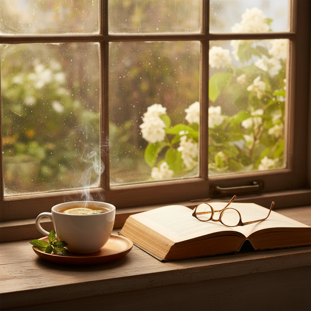 창가에 놓인 따뜻한 차와 열려 있는 책