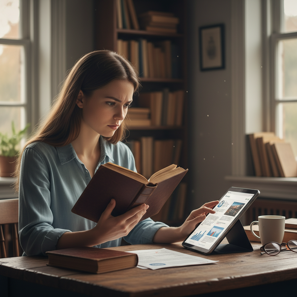 책과 스마트 기기를 함께 사용하는 모습