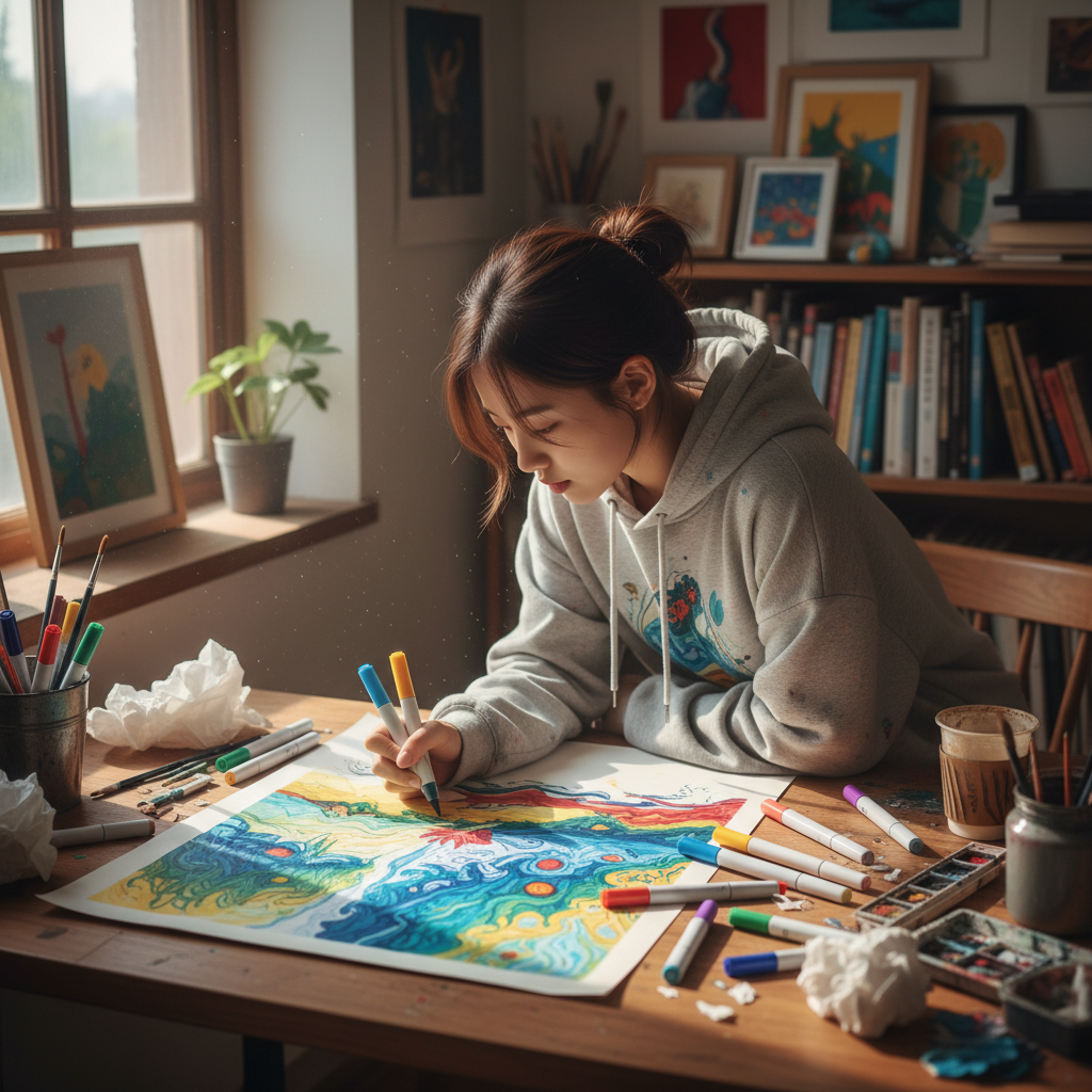 책상 위에서 다양한 도구로 그림을 그리는 학생