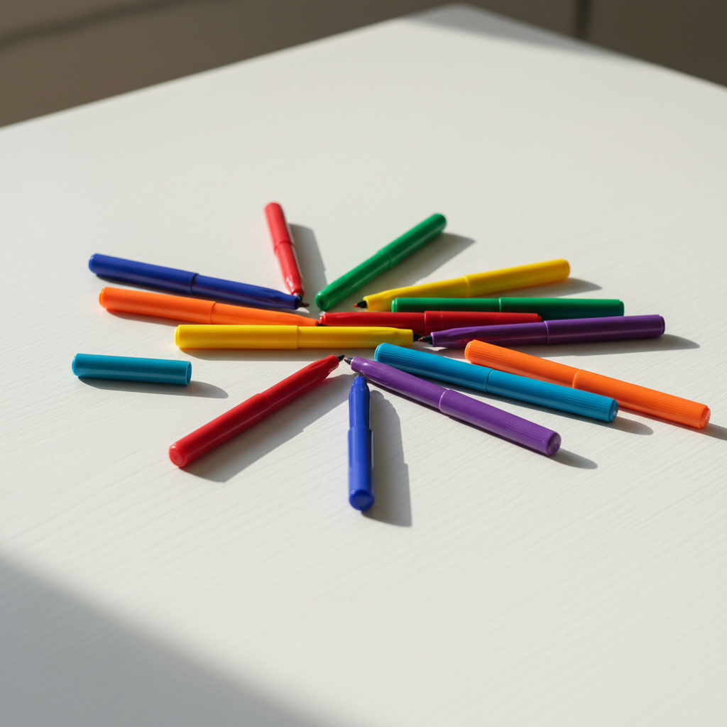 책상 위에 펼쳐진 알록달록한 노마르지 싸인펜 세트