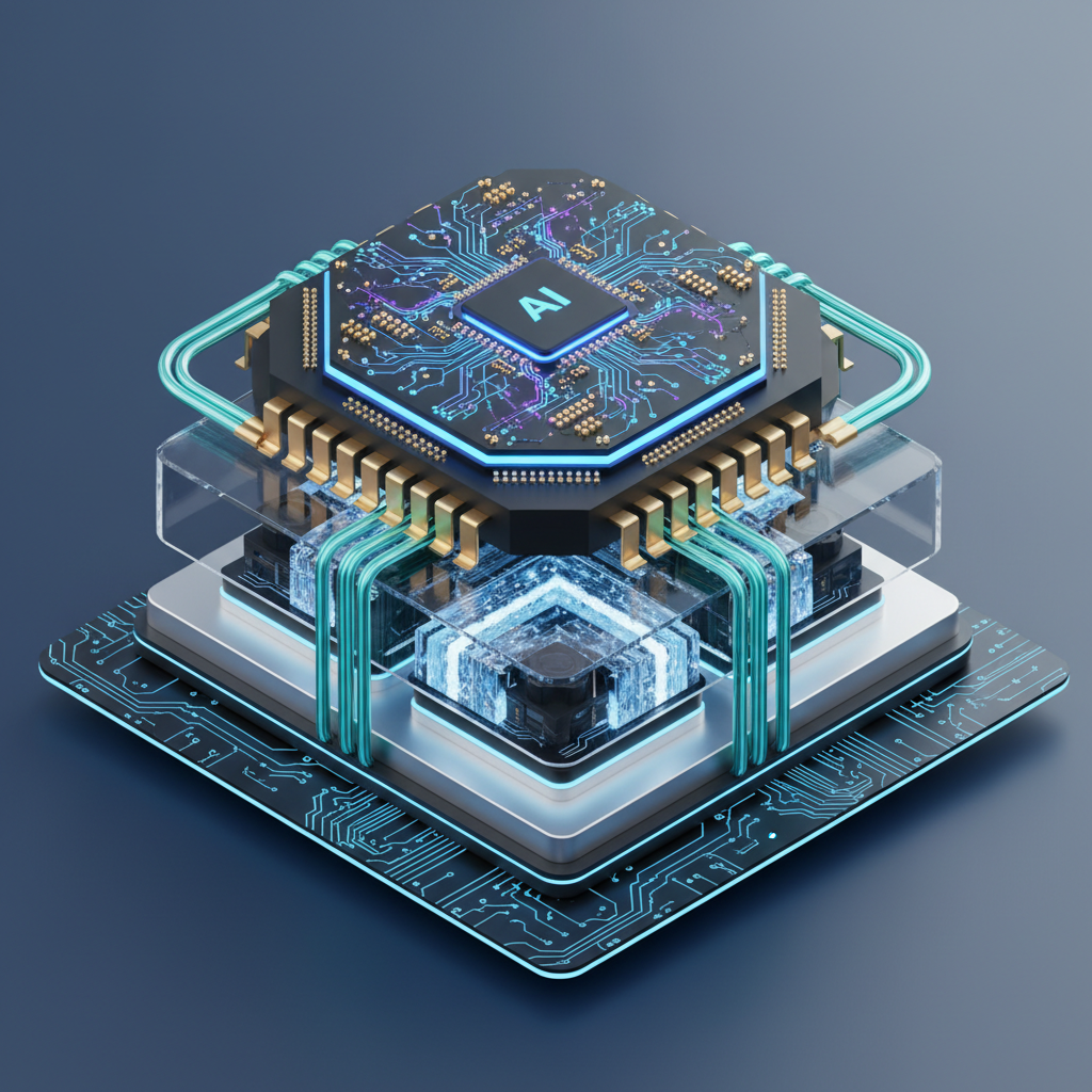 최첨단 AI 모델의 칩셋과 데이터 프로세싱을 시각화한 그래픽