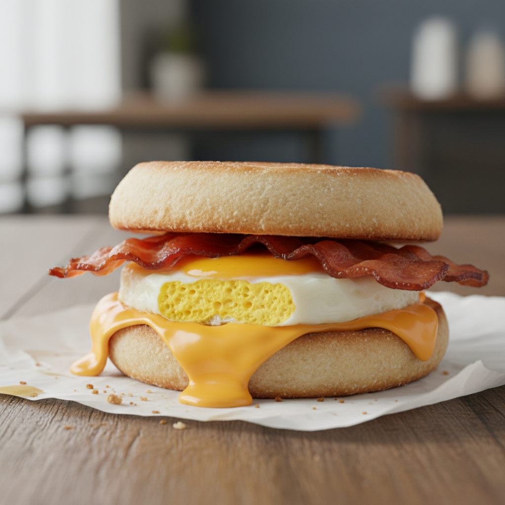 치즈가 녹아내리는 베이컨 에그 맥머핀의 단면