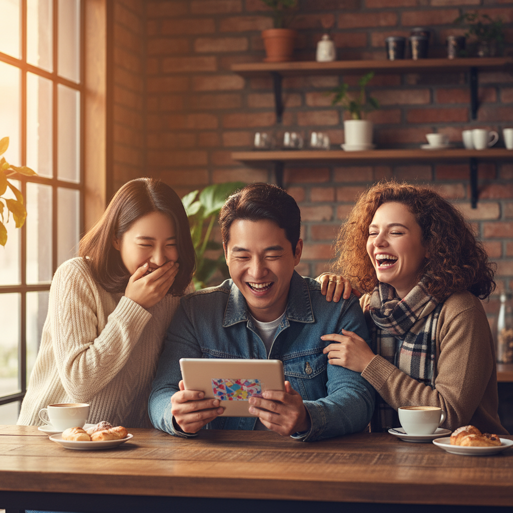 친구들과 함께 별자리에 대해 이야기하며 웃는 모습
