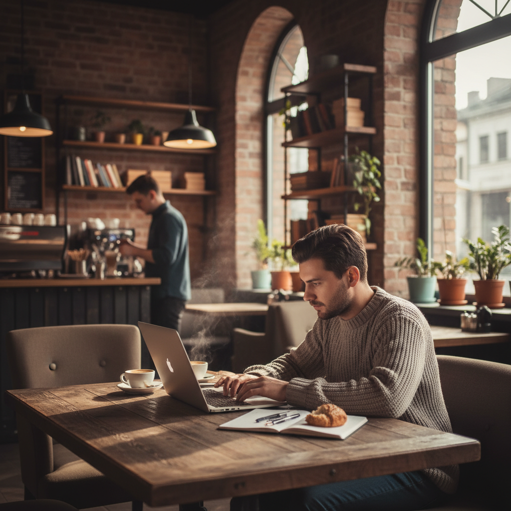 카페 테이블에서 노트북으로 작업하는 사람의 모습