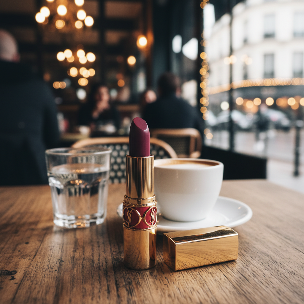 카페 테이블 위에 놓인 입생로랑 러브누드 제품 사진