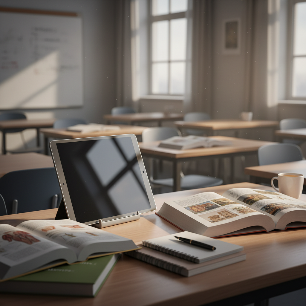 태블릿과 책이 어우러진 현대적인 수업 모습