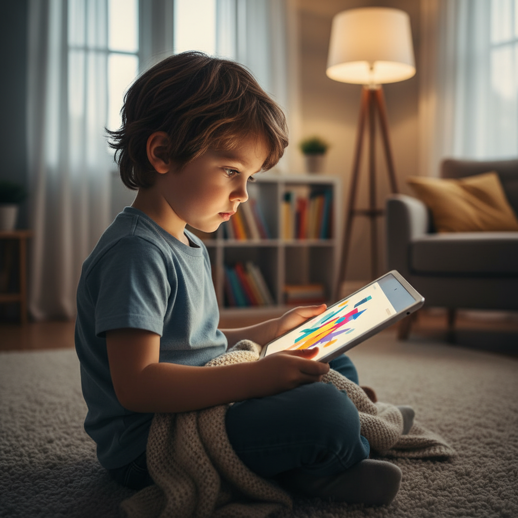 태블릿으로 온라인 학습을 하는 모습