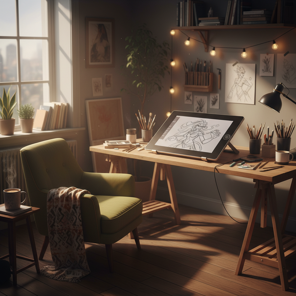 태블릿을 활용해 캐릭터 드로잉을 연습하는 깨끗한 작업실 풍경