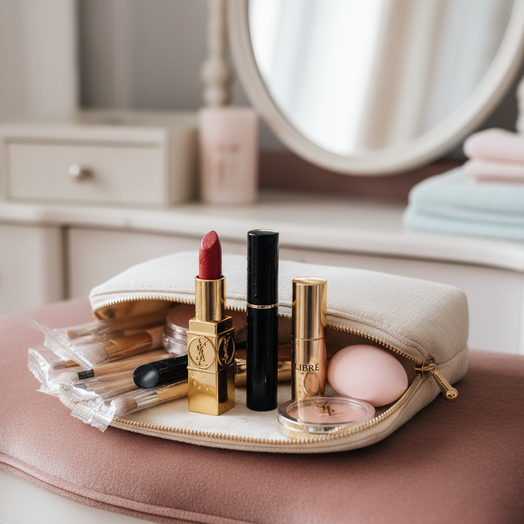 파우치 속 입생로랑 러브누드 립스틱과 작은 메이크업 소품