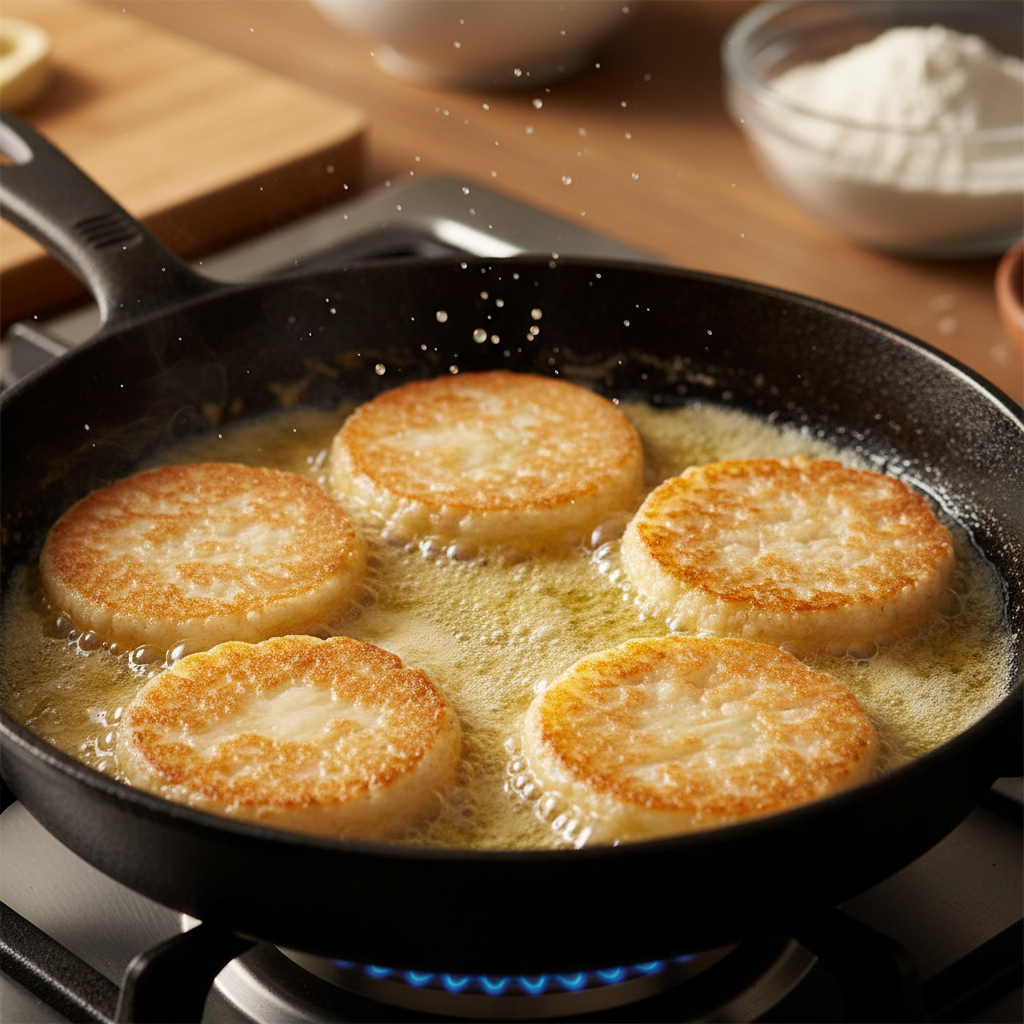 팬 위에서 버터에 구워지는 떡 모습