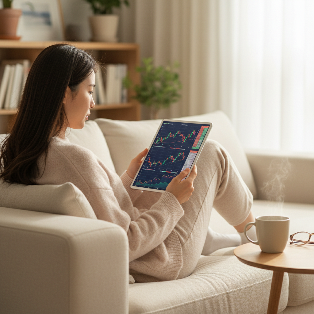 편안한 거실에서 태블릿으로 경제 지표를 확인하는 사람