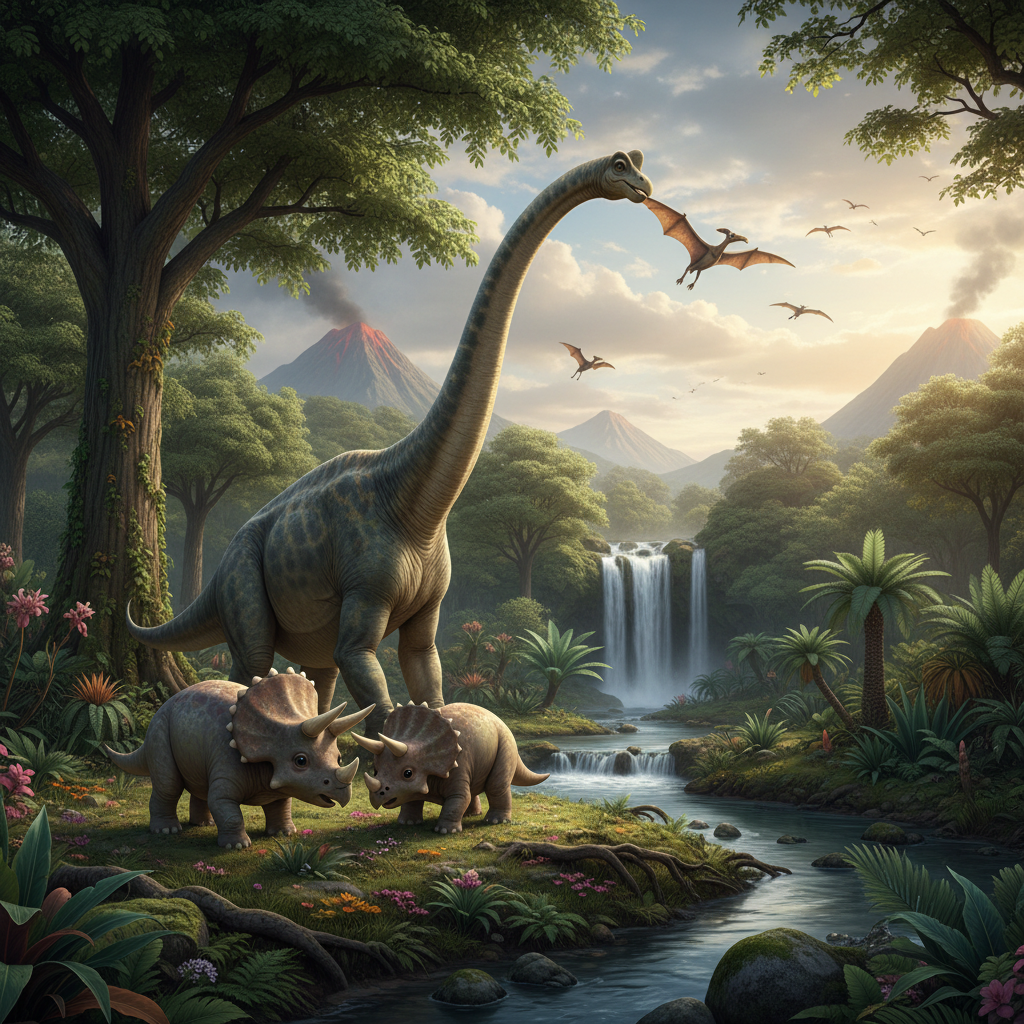 평화로운 초원 위에서 노닐고 있는 다양한 공룡들의 모습