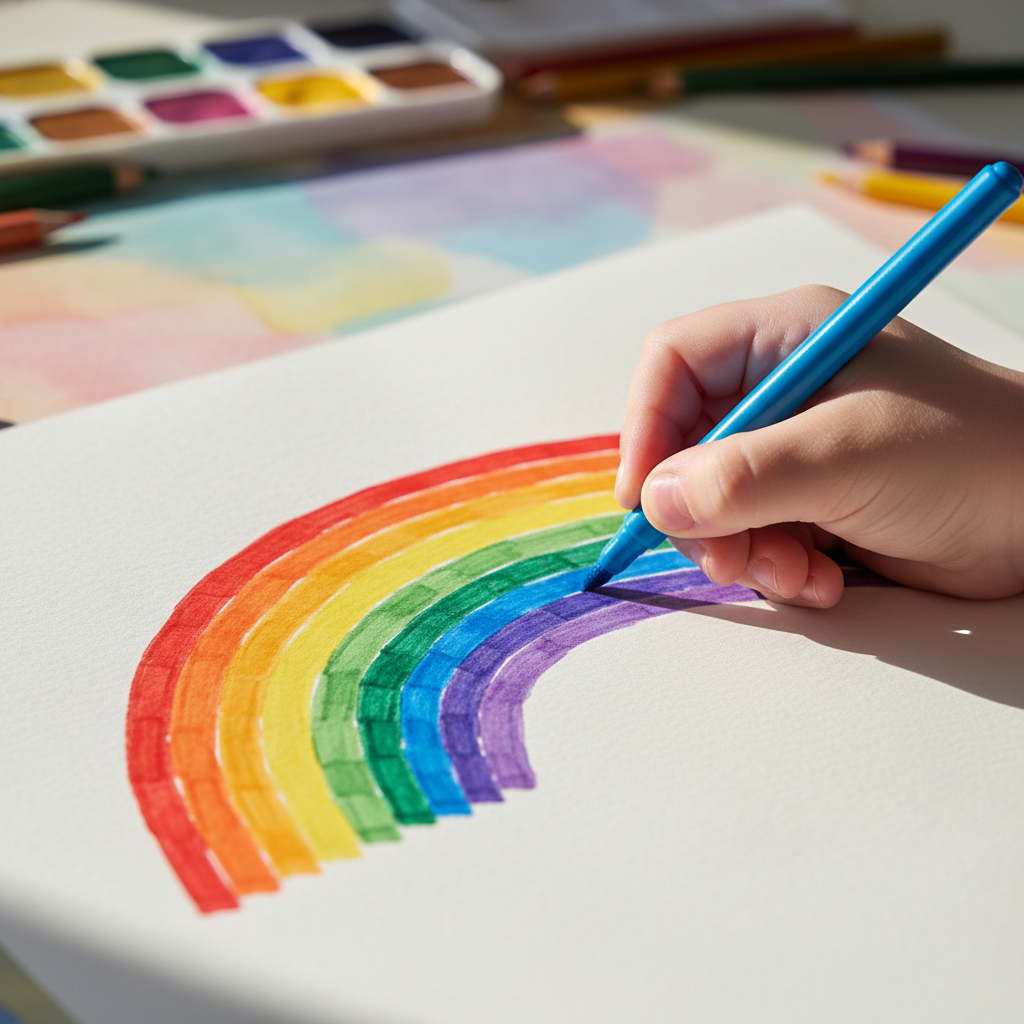 하얀 종이 위에 무지개를 그리고 있는 아이의 손