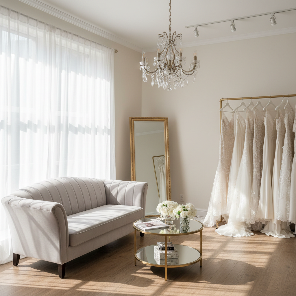 햇살이 들어오는 밝은 드레스 샵의 화사한 풍경