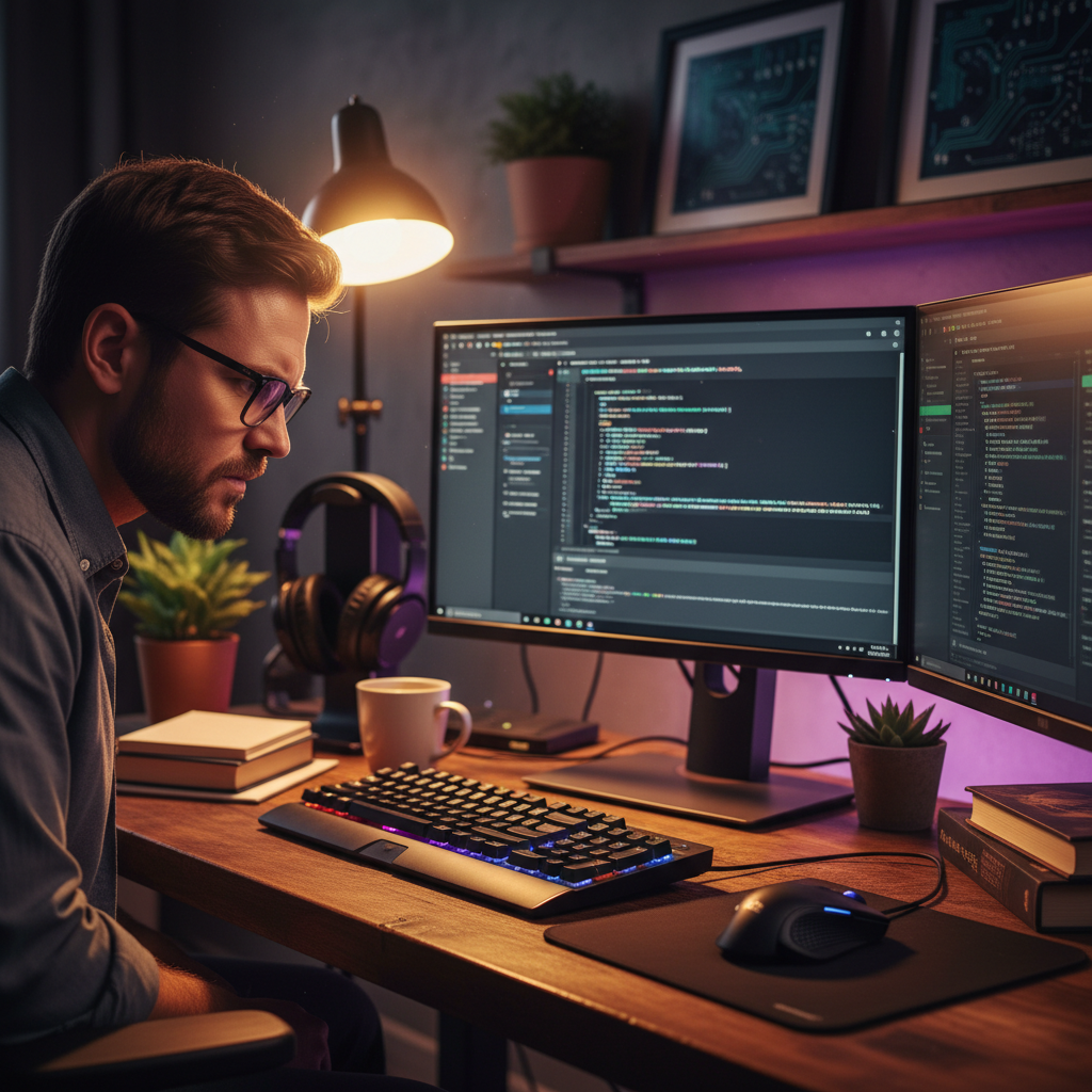 혁신적인 기술을 사용하는 개발자의 손과 모니터