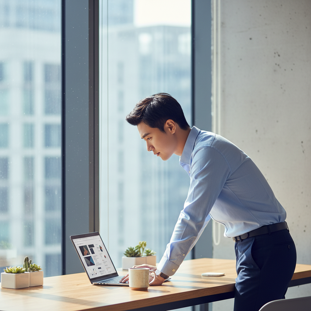 현대적인 사무실에서 노트북으로 크롬 브라우저를 사용하는 한국인 남성