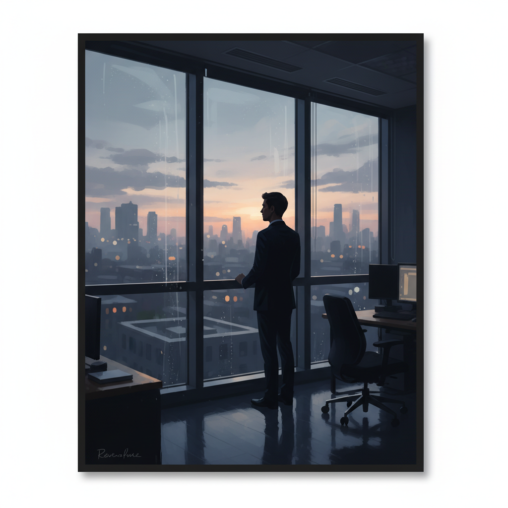 현대적인 사무실 창가에 비친 고뇌하는 사람의 실루엣