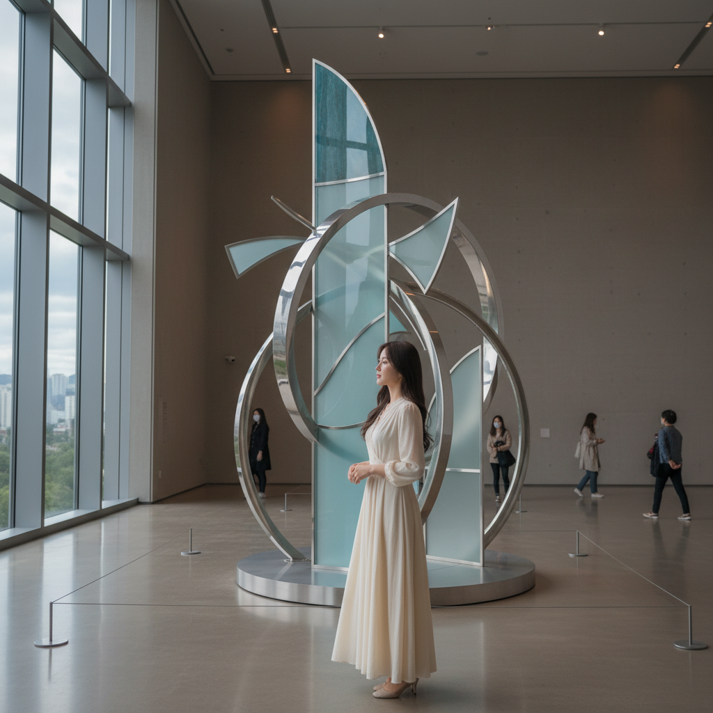 현대적인 전시회장에서 작품을 감상하는 사람