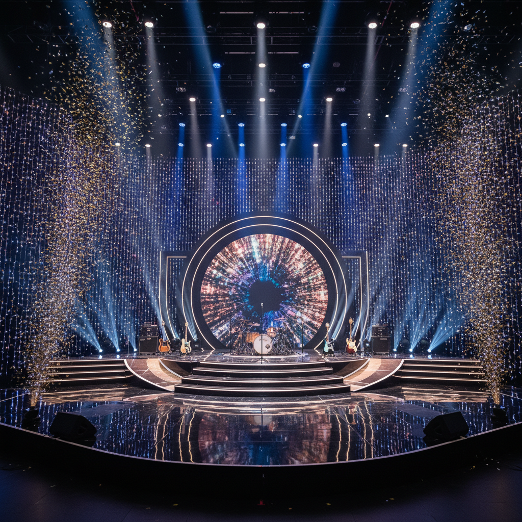 화려한 조명과 음악적 에너지가 느껴지는 무대 전경