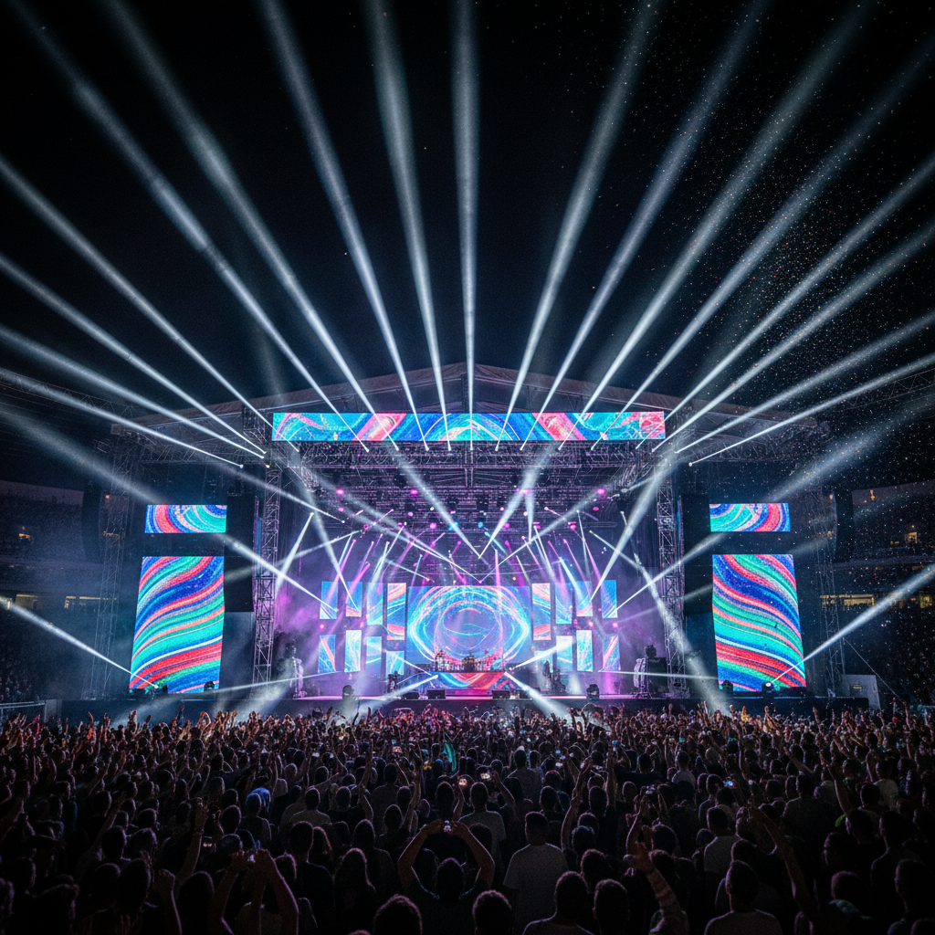 화려한 조명이 비추는 대형 콘서트장 무대