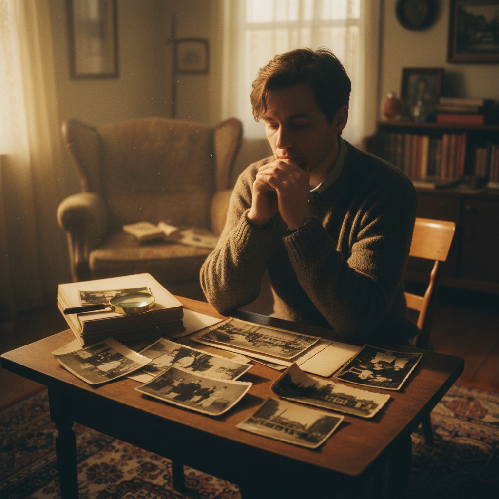 흐릿한 조명 아래 생각에 잠긴 모습