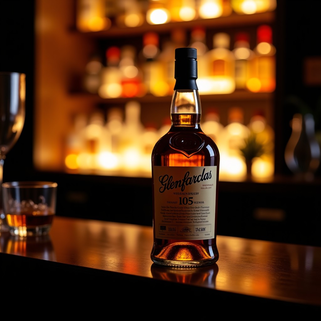 A premium bottle of Glenfarclas 105 standing on a dark wooden table in a dimly lit, cozy home bar setting, cinematic lighting, shallow depth of field, 4:3