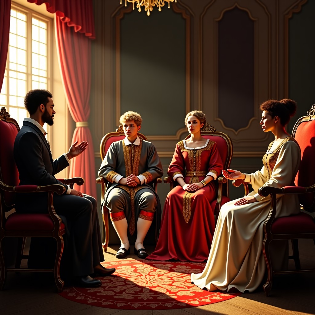 A detailed composition of a 16th century royal court meeting, opulent clothing, historical furniture, realistic lighting, golden hour colors, 4:3