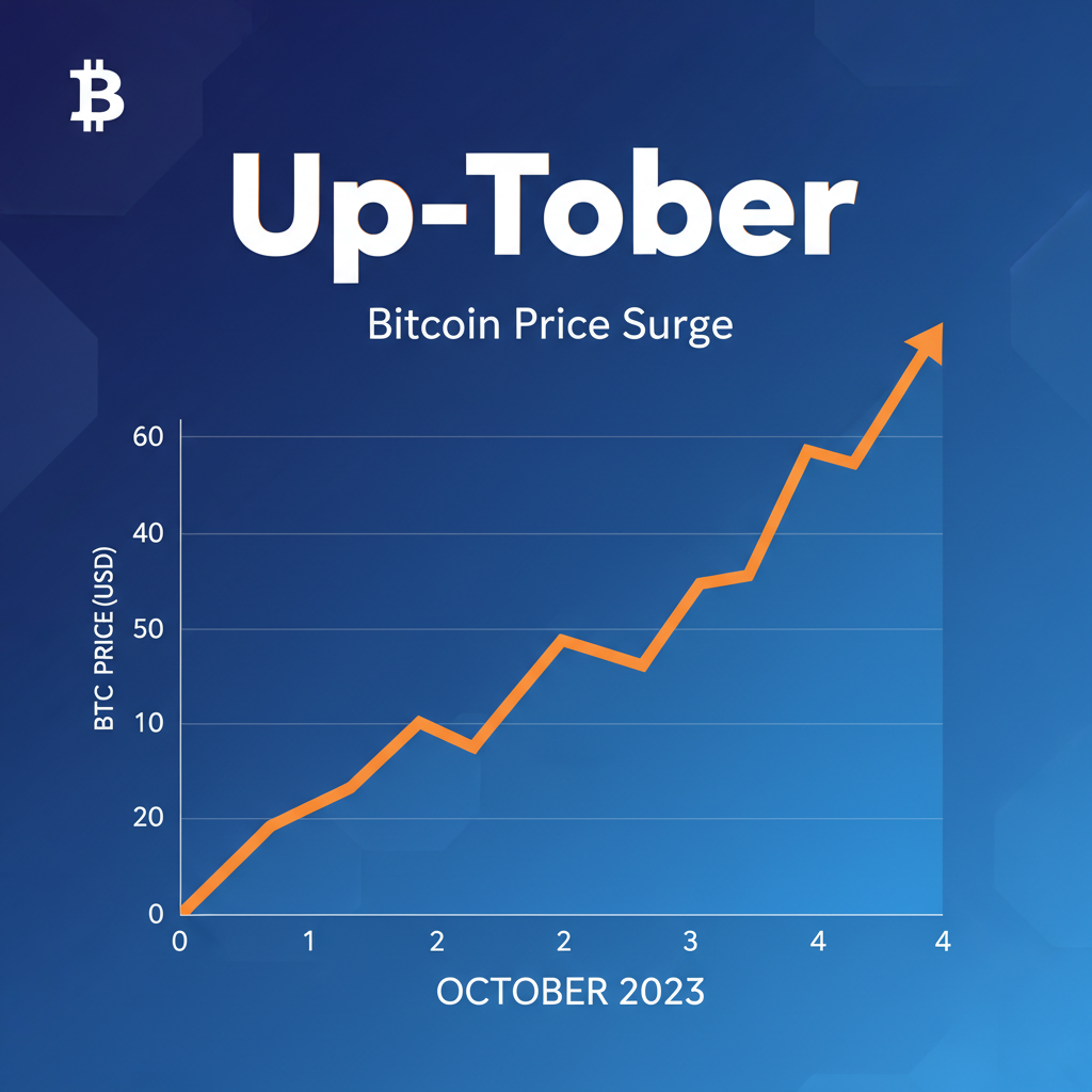 A modern infographic showing a graph of Bitcoin price rising in October, with the text “Up-Tober” in bold, 1:1 aspect ratio