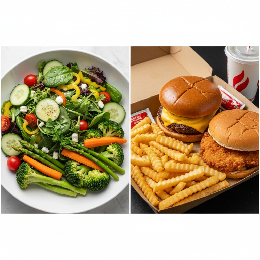건강한 식단과 기름진 음식을 대비시킨 이미지