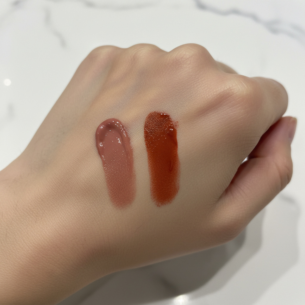 손등에 부드럽게 발색된 로즈 핑크와 오렌지 레드 컬러