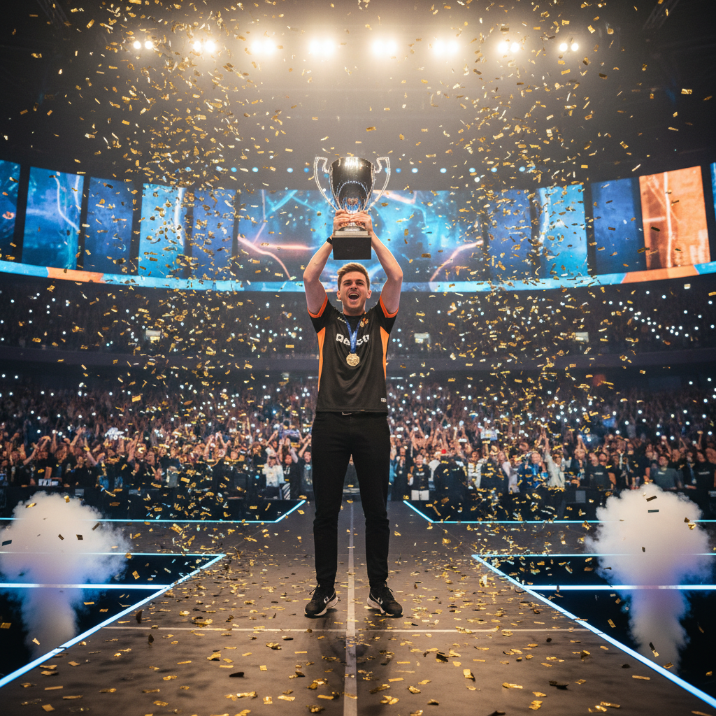 승리 후 환호하는 이스포츠 선수와 트로피