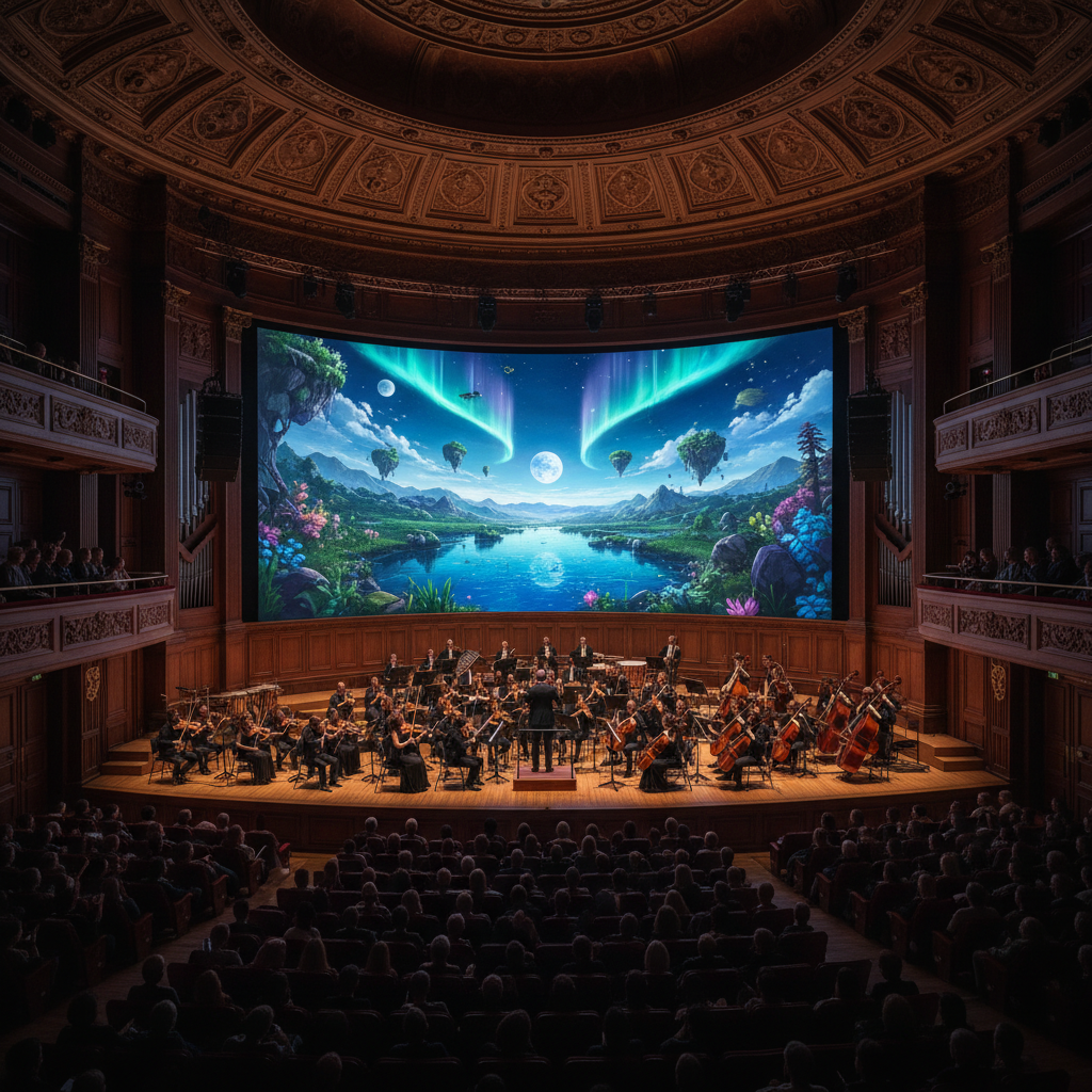 웅장한 오케스트라 공연장에서 펼쳐지는 디지몬 심포니 무대 전경