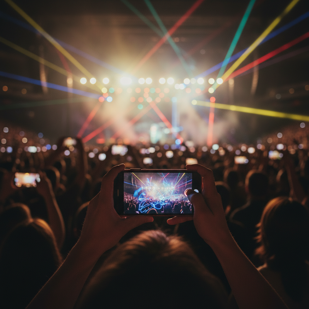 공연장에서 디지바이스를 들고 음악을 감상하는 팬들의 뒷모습