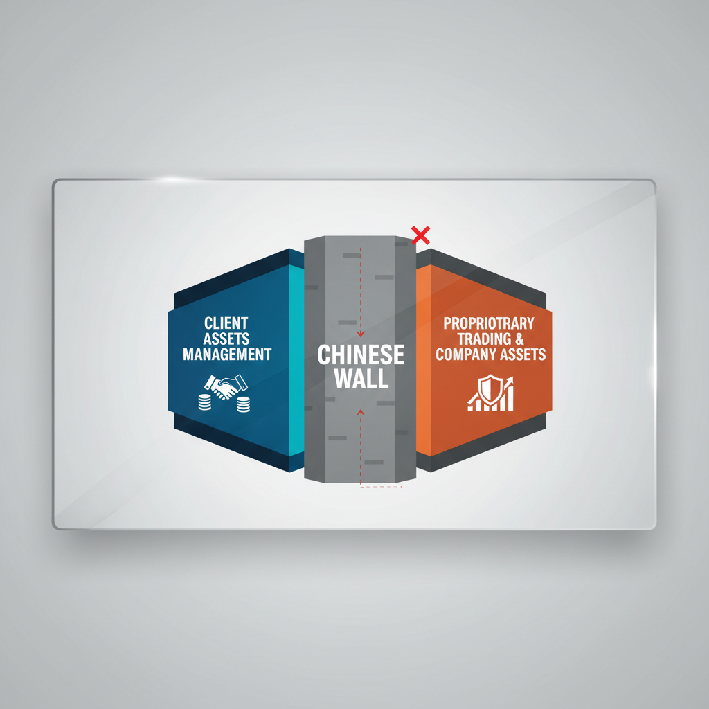 A clean infographic showing the concept of Chinese Wall in a corporate setting, with two departments separated by a wall, one handling client assets and the other managing company assets, labeled in English. The image uses a modern layout with high contrast colors and a 4:3 aspect ratio.