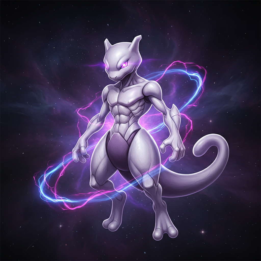 A professional high-quality Realistic photography of the legendary Pokemon Mewtwo floating in a dark, cinematic environment with purple psychic energy swirling around it. high-detail, realistic skin texture, glowing eyes, strictly no text, no letters, no watermark, 4:3 AR.