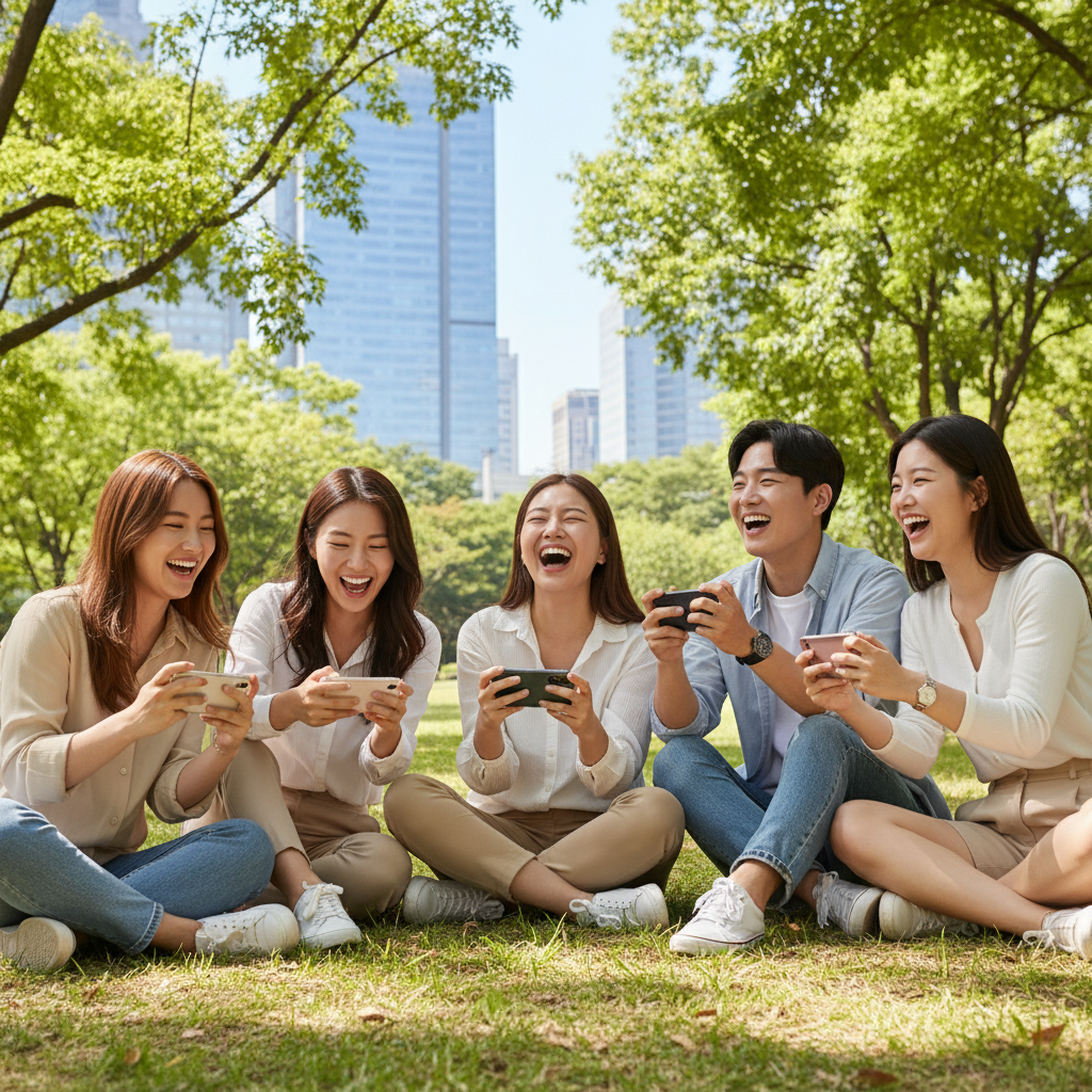 도시 공원에서 포켓몬고를 즐기는 한국인 트레이너들의 모습