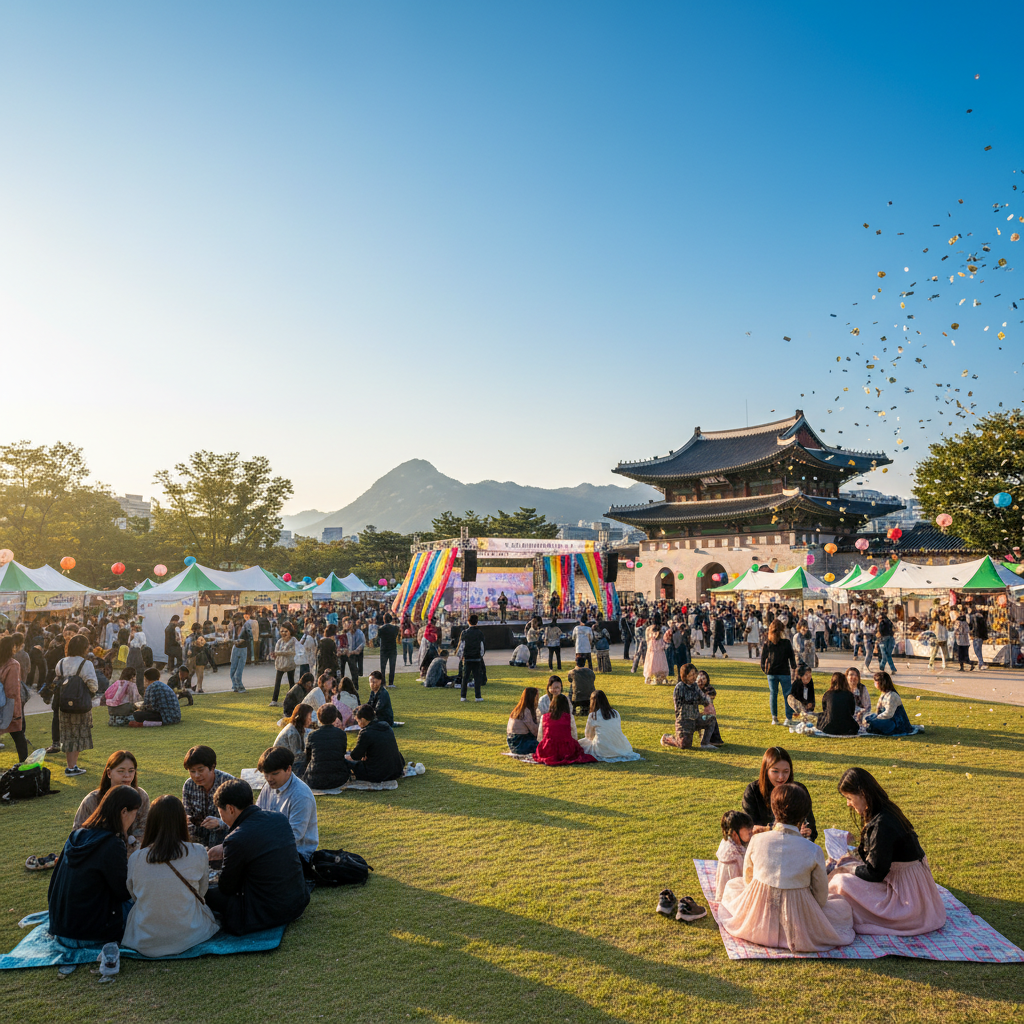 한국의 전통적인 느낌과 현대적인 공원이 어우러진 행사 현장