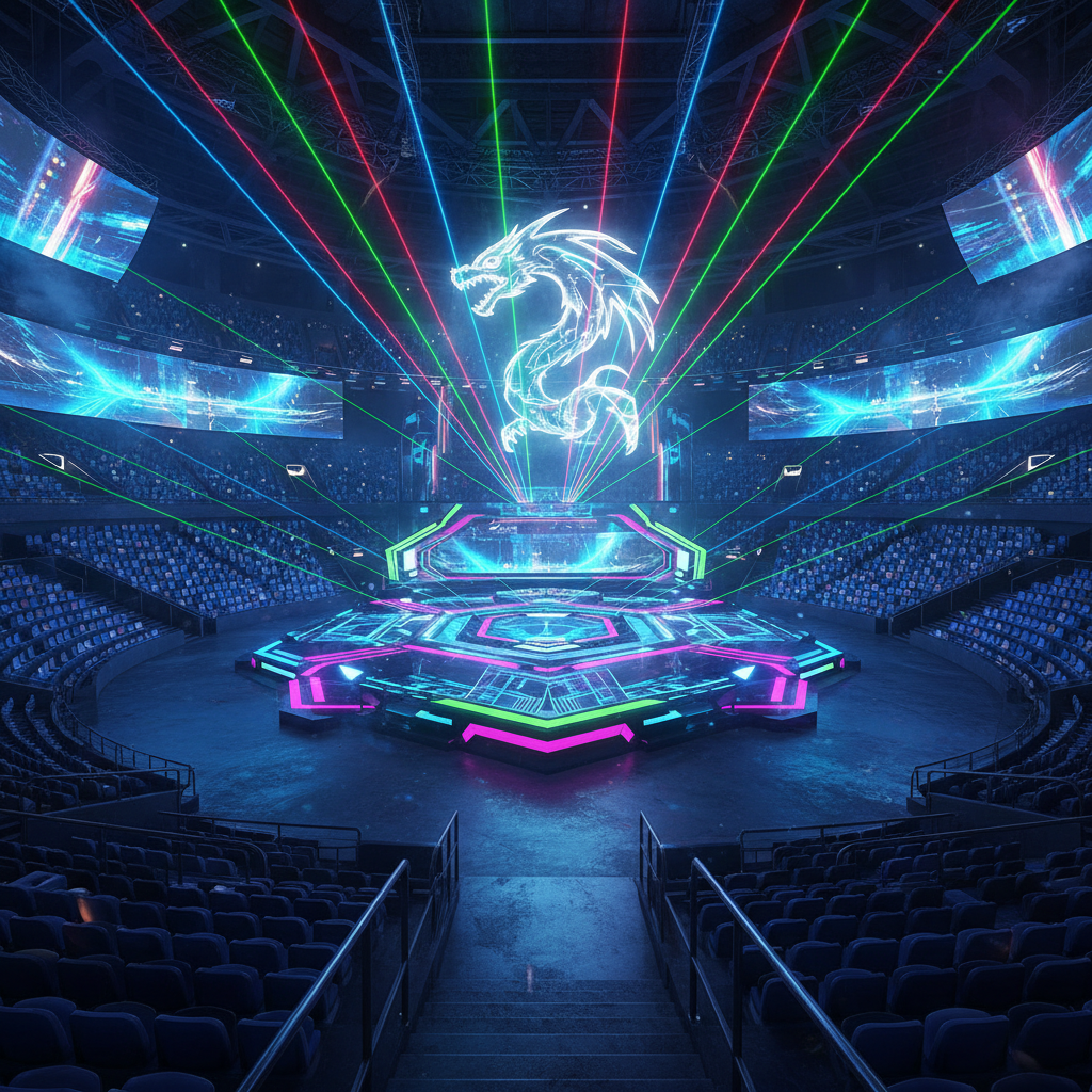 A professional high-quality Realistic photography of a futuristic e-sports arena interior in Brazil, vibrant neon lighting, cinematic atmosphere, highly detailed, strictly no text, no letters, no watermark, 4:3 AR.