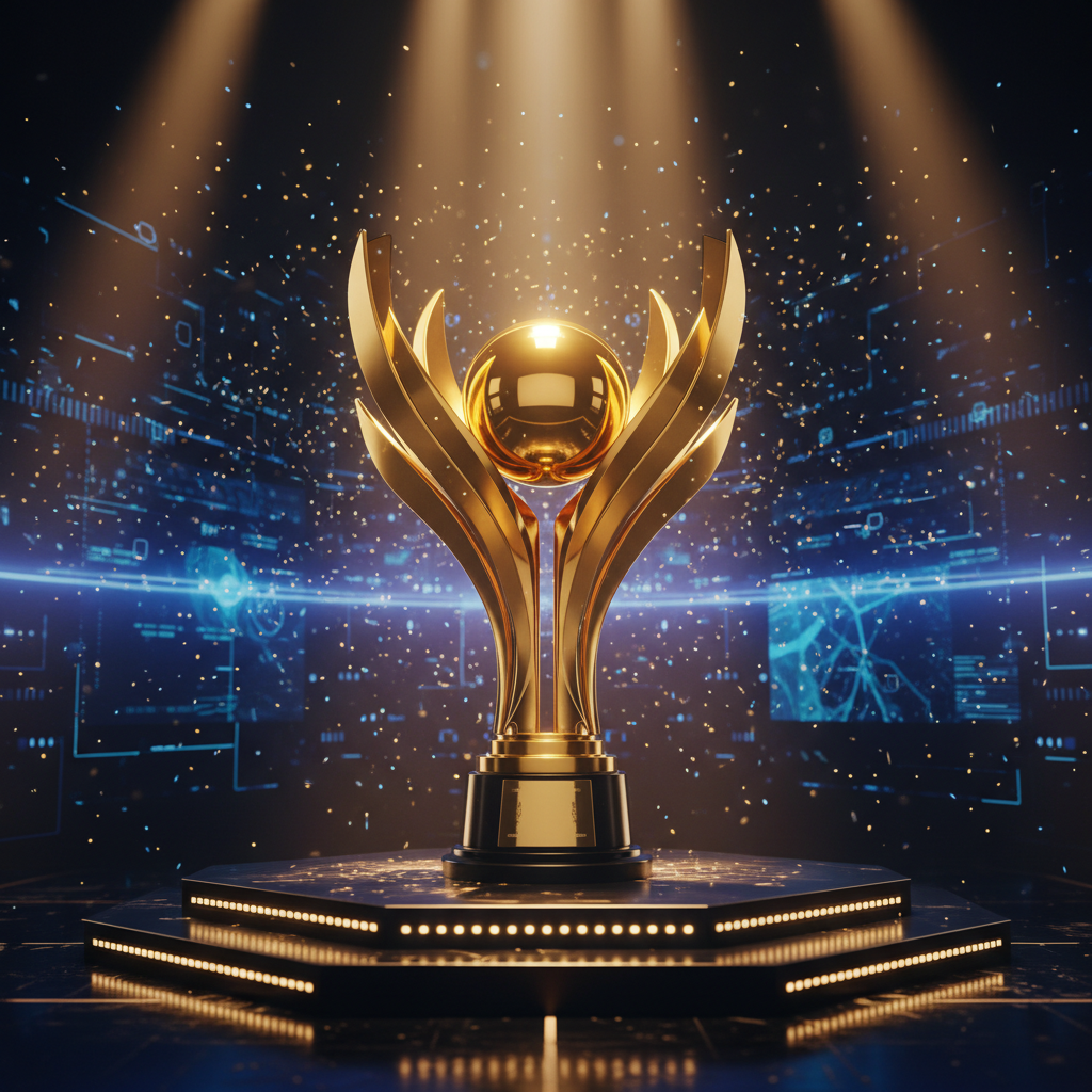 우승 트로피가 놓여 있는 화려한 무대