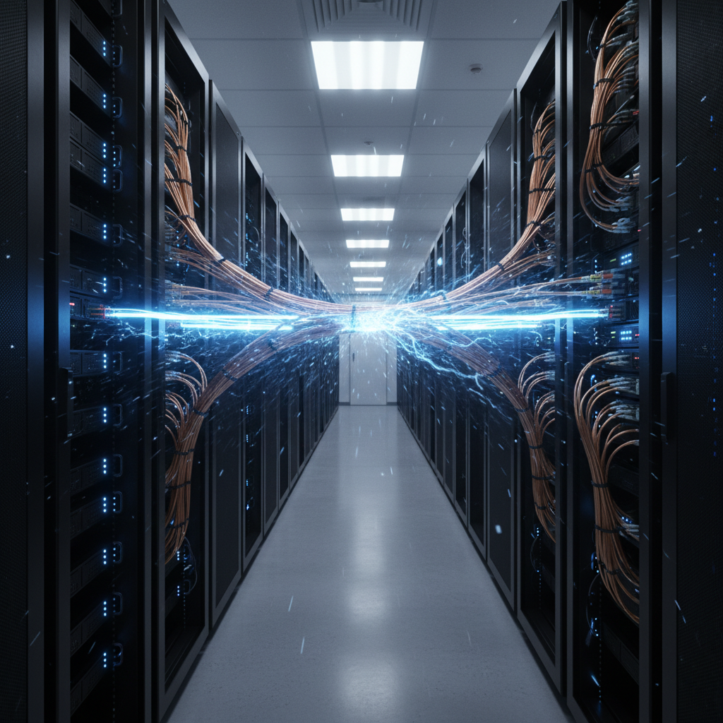 A high-speed Ethernet connection between servers in a data center, with glowing blue light trails representing ultra-fast data transmission, 1:1