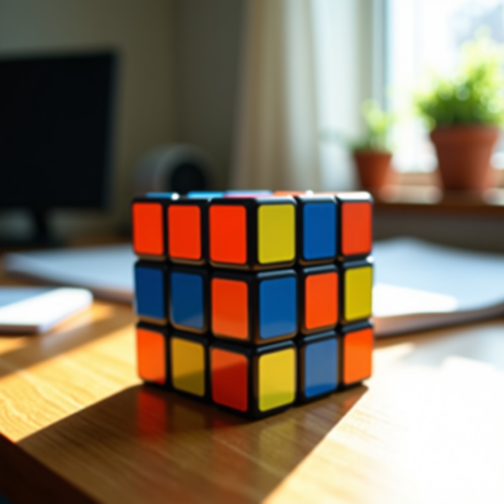A high-quality 3x3 Rubik's cube sitting on a clean wooden desk with soft natural sunlight hitting the colored faces. The background is slightly blurred showing a cozy study room. 4:3