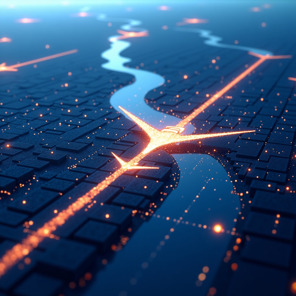 Digital representation of flight paths over a city, abstract tech visualization, vibrant blue and gold colors, high resolution, 4:3