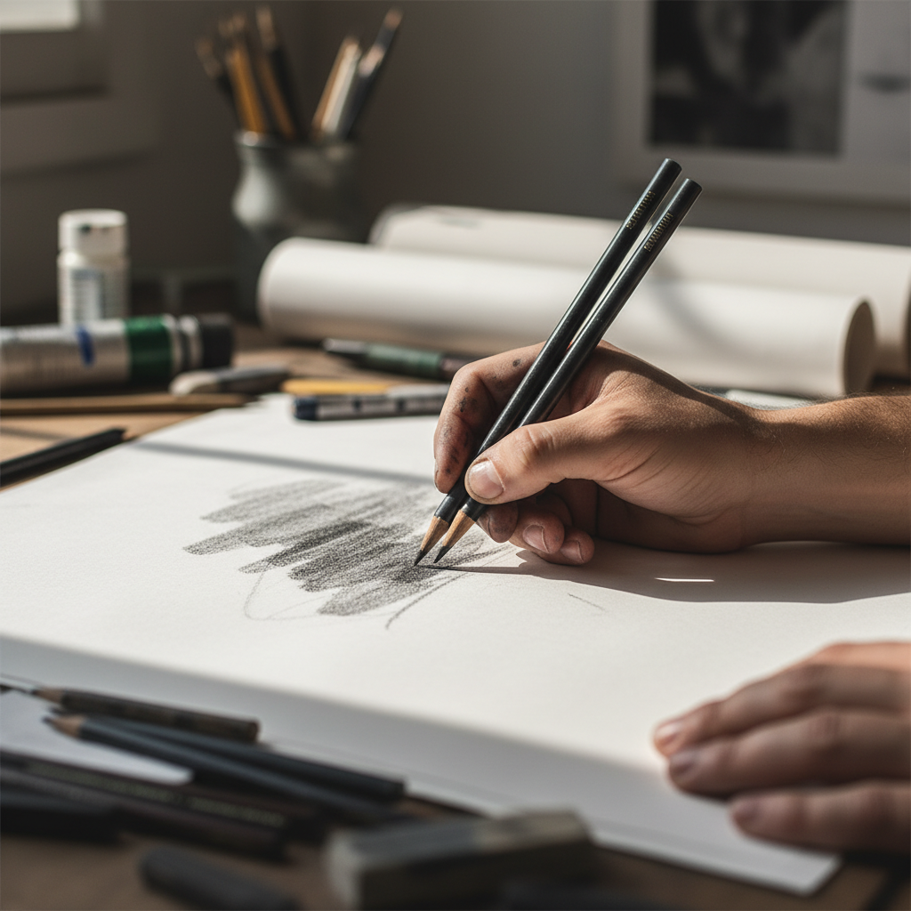 디자이너가 4절지에 연필로 스케치하는 모습